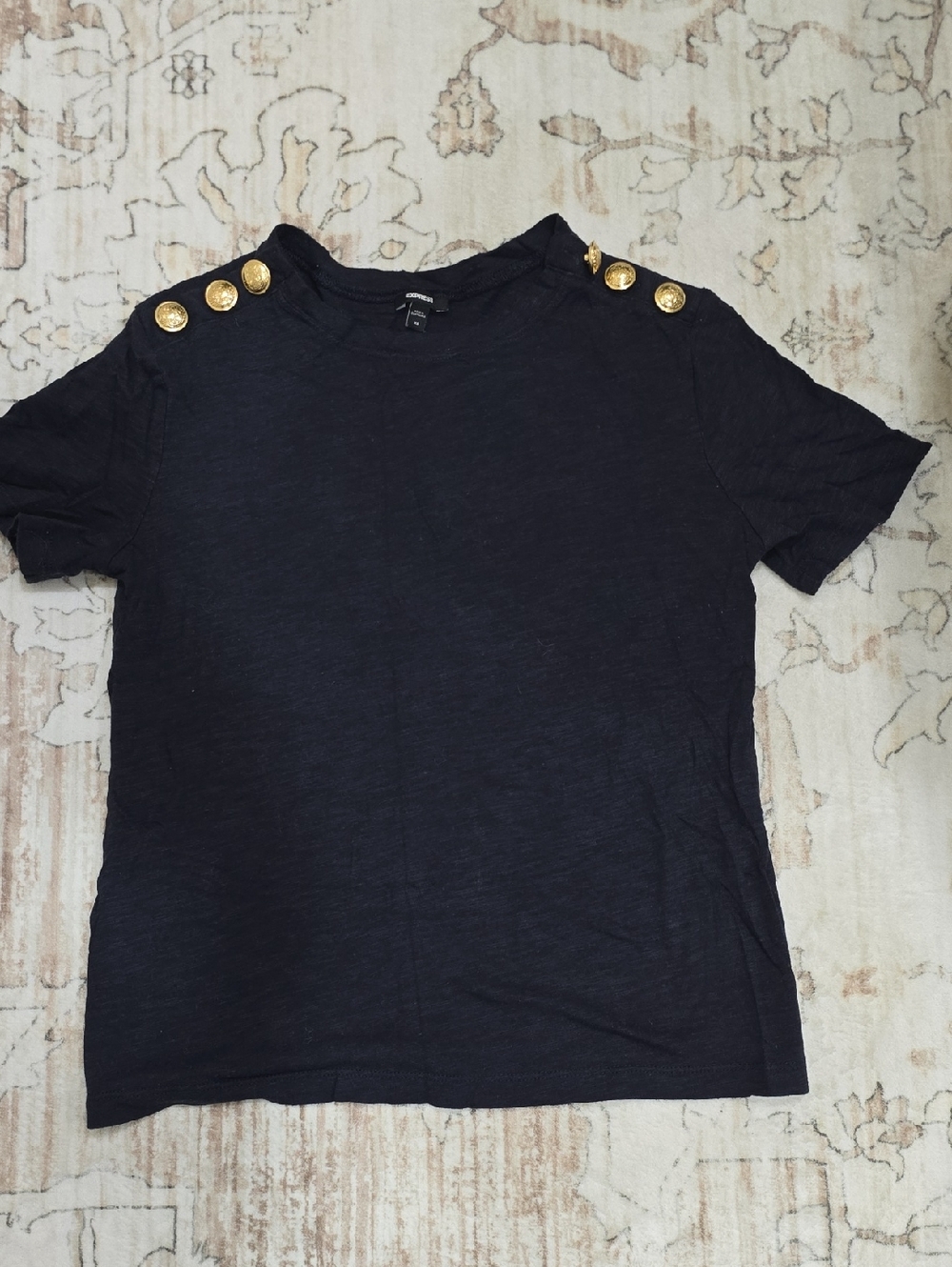 Express Navy Blue Short Sleeve Tank Top with Gold Shoulder Buttons